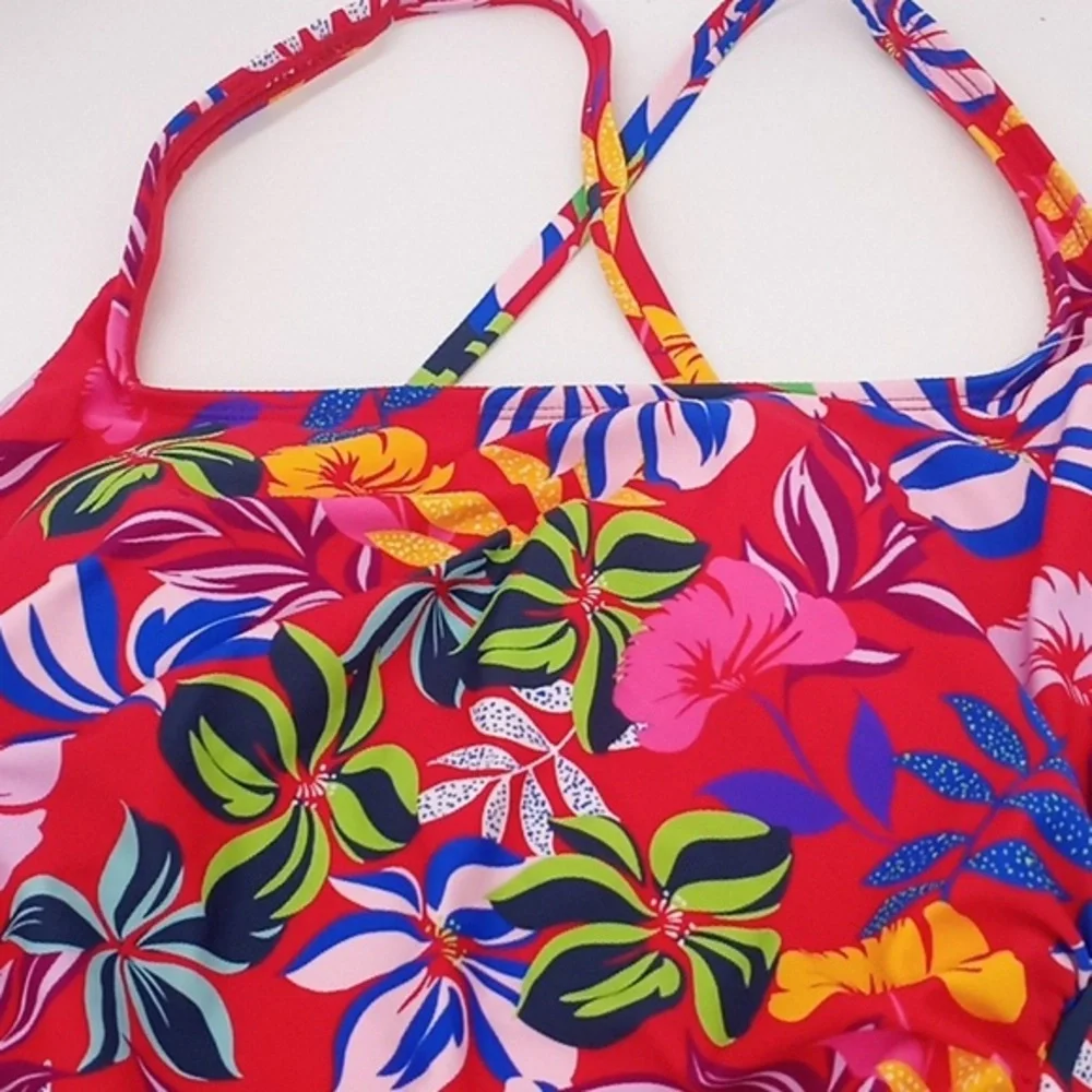 Sold! Caribbean Joe Tropical Print One Piece Swimsuit Red‎ 14 NWOT - Picture 2 of 13
